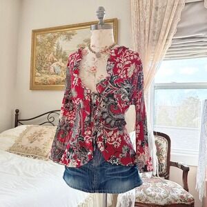 red tie front boho top  Y2K red paisley tie front top notations size large